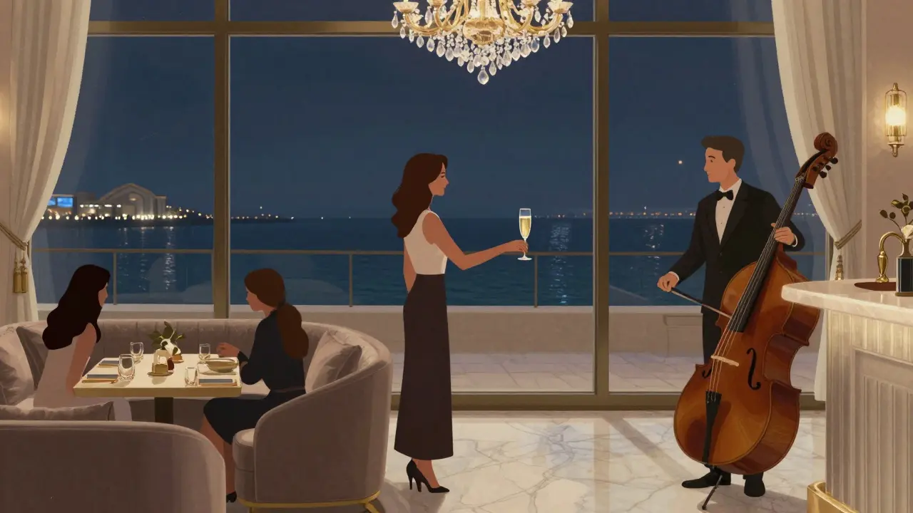 Elegant woman receiving champagne at Al Qasr Bar with views of the Arabian Gulf at night.