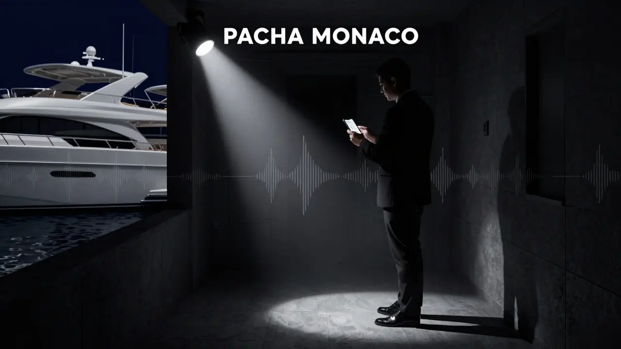 Exclusive nightclub entrance with bouncer checking a guest's phone in a dark alley.