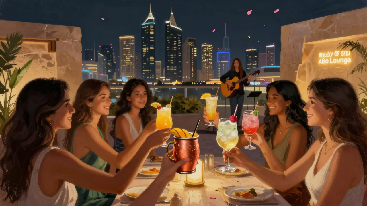 Group of women toasting mocktails on a rooftop lounge overlooking Abu Dhabi's city lights.