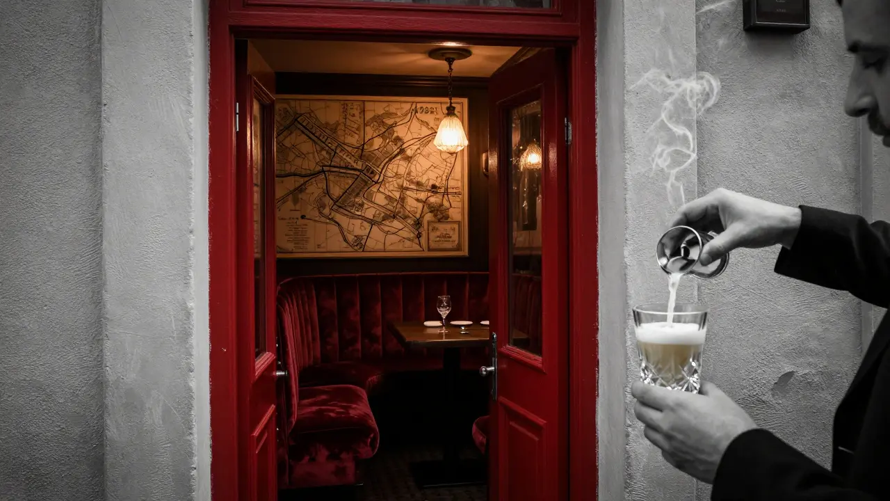 Hidden bar entrance with a red door and vintage interior lit by warm lamplight.