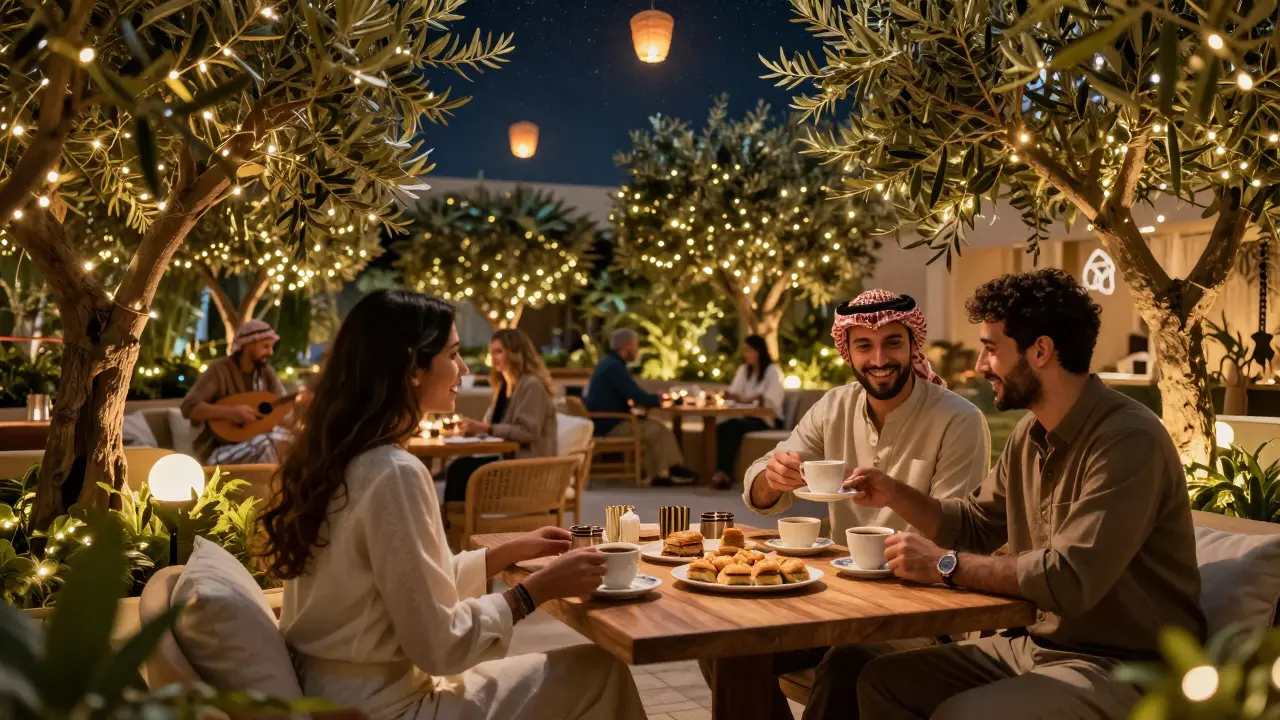 Hidden garden lounge with fairy lights and people sipping coffee under stars.