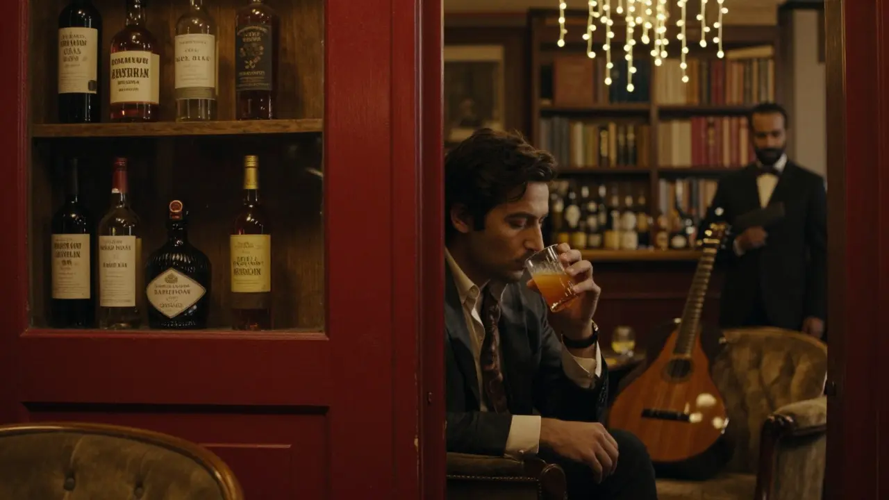 Hidden speakeasy with dim lighting, a guest sipping a craft cocktail behind a red door.