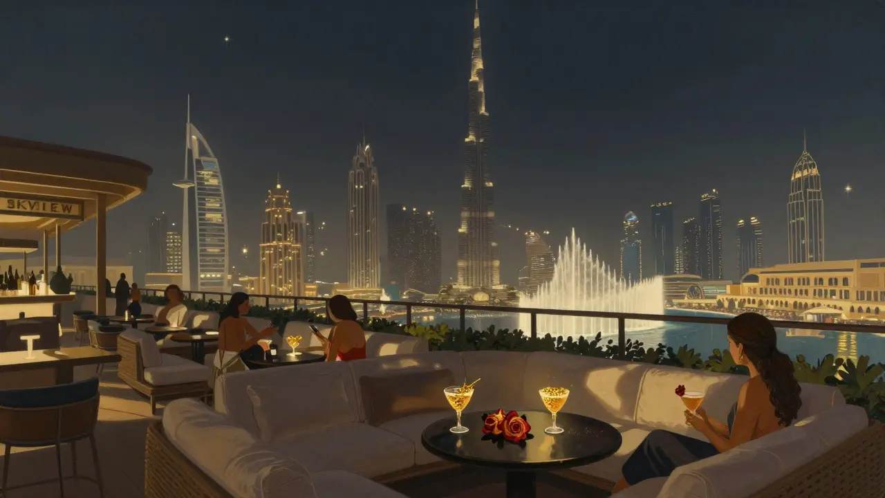Luxury rooftop terrace with view of Burj Khalifa and Dubai Fountain, guests sipping gold-dusted cocktails at dusk.
