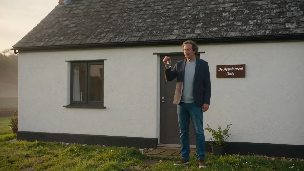Man holding key outside a quiet countryside cottage at golden hour, sign reading &#039;By Appointment Only&#039;.