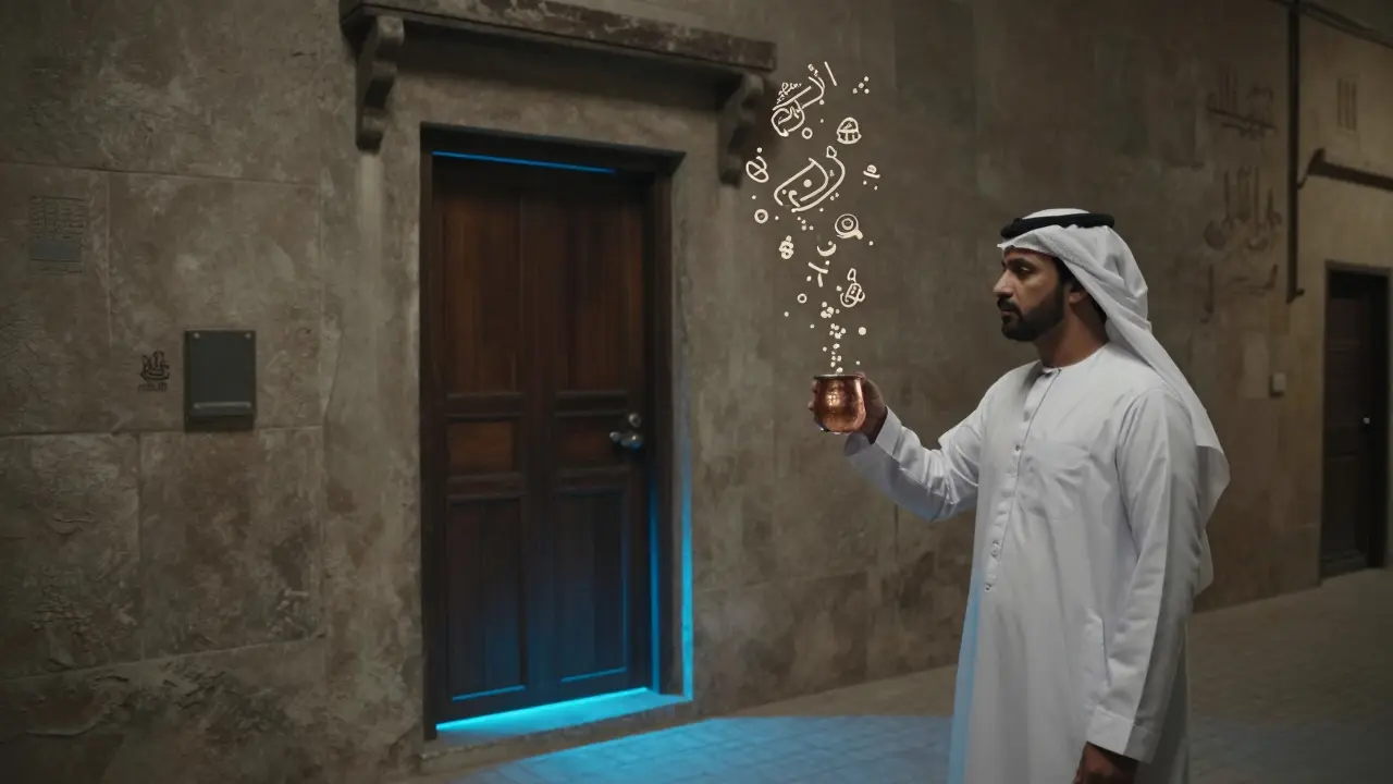 Mysterious hidden speakeasy door glowing blue, guest in white thobe holding copper cup, floating cultural symbols in the air.
