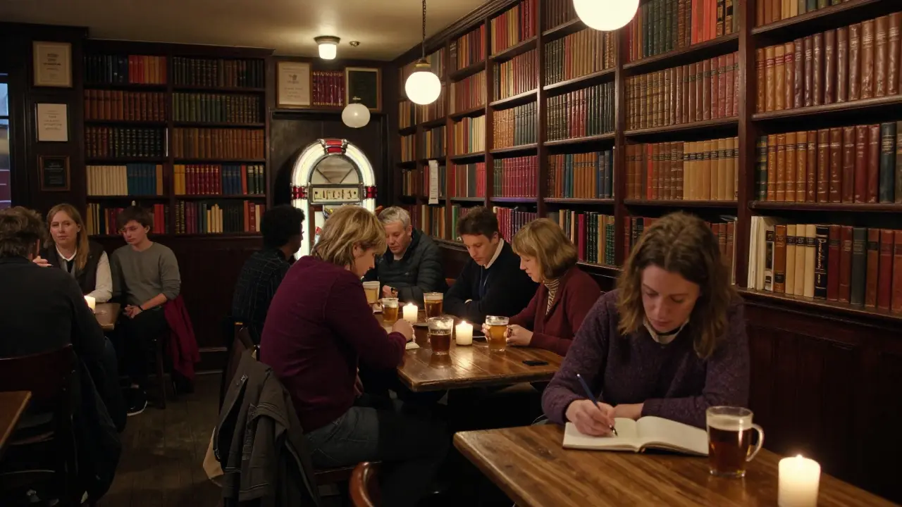 Patrons reading silently in a book-lined pub with mugs of cider, ambient jazz playing softly, candles flickering on wooden tables.