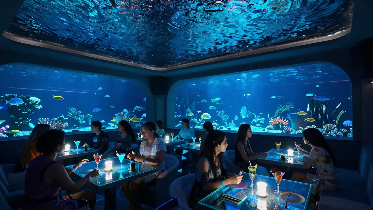 Patrons seated at glass tables in an underwater nightclub surrounded by glowing fish and ocean waves.