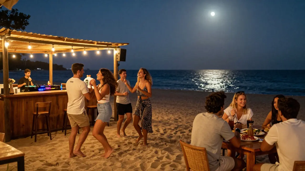 People dancing barefoot at Barasti beach bar with shawarma and ocean views at night.