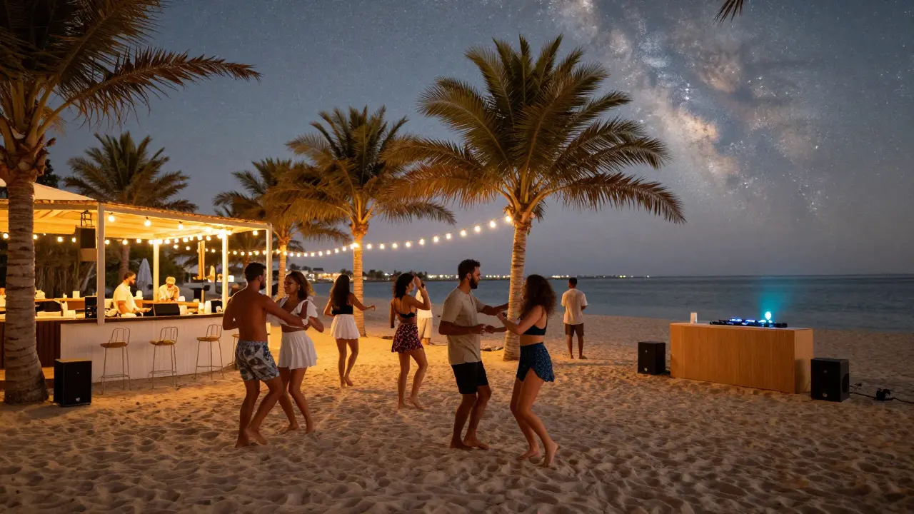 People dancing barefoot on a beach club sand floor under twinkling fairy lights and palm trees.
