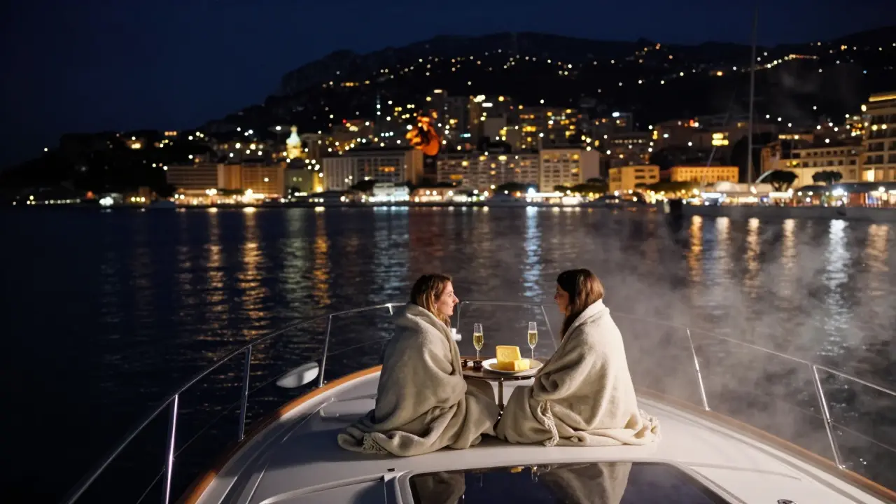Private yacht at night off Monaco’s coast, couple under stars with wine and quiet ocean waves.