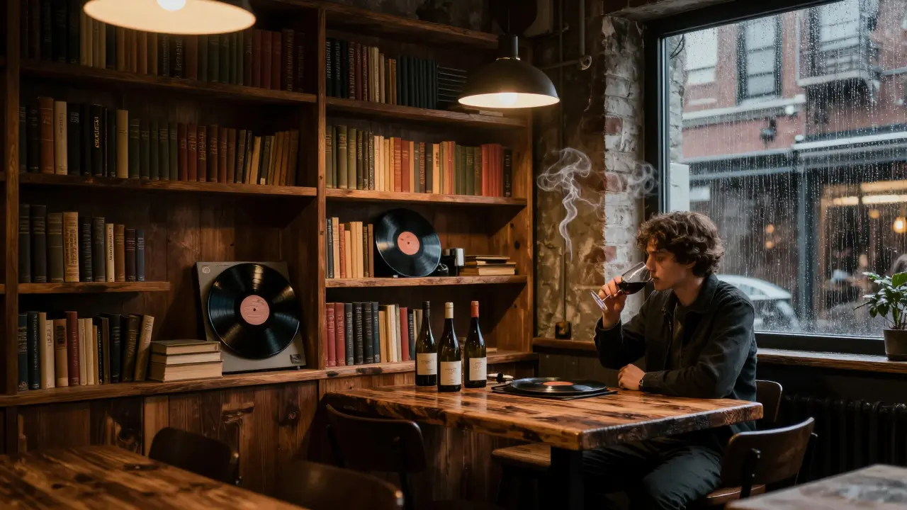 Quiet late-night café with books, vinyl, and dim lighting, patron sipping wine as rain streaks the window.