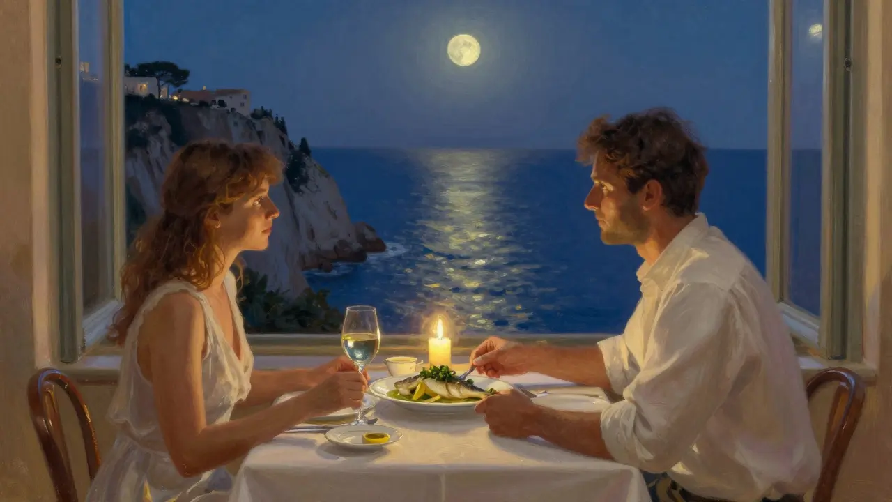 Romantic dinner with sea view at La Vague d’Or, couple sharing seafood under soft evening light.