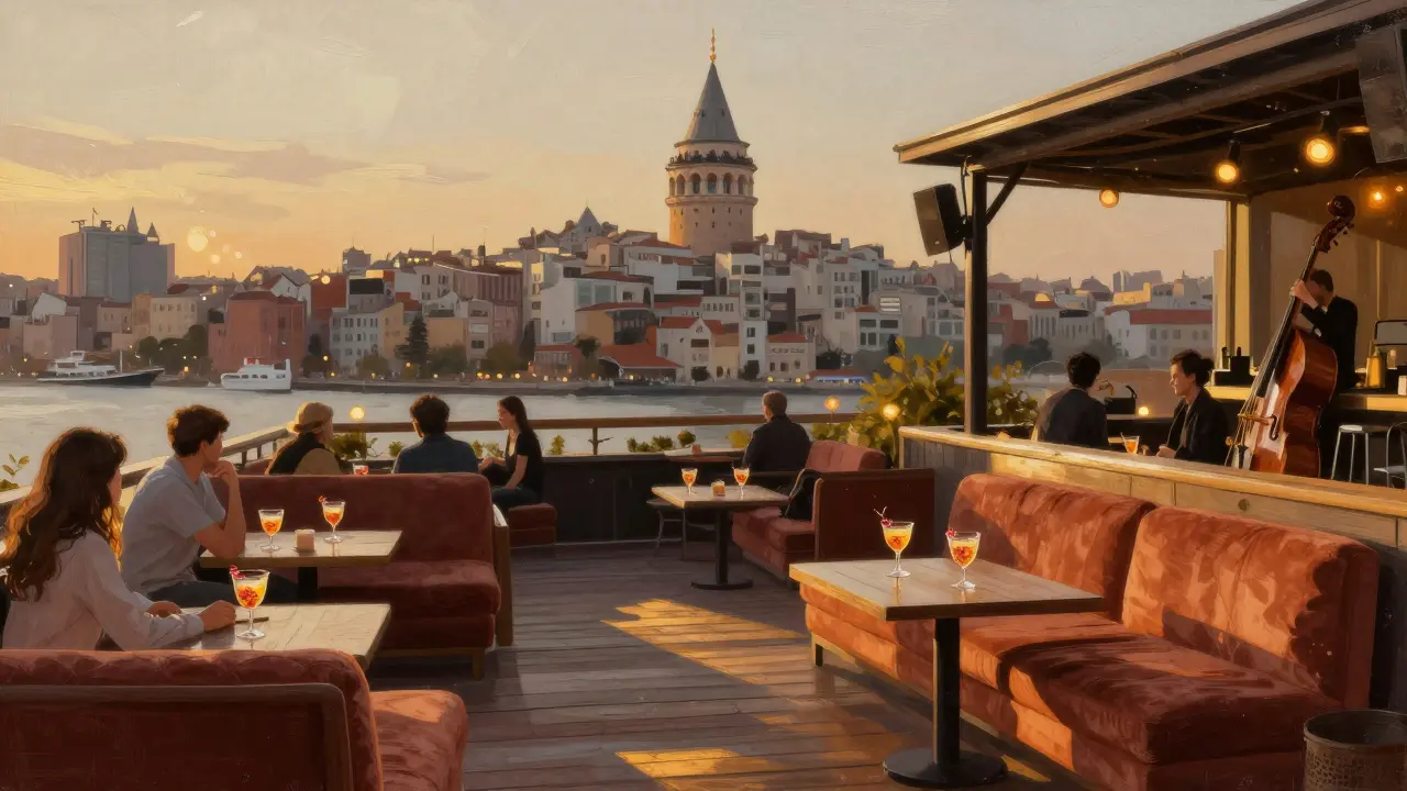 Rooftop bar at dusk with guests enjoying cocktails and a view of Galata Tower.