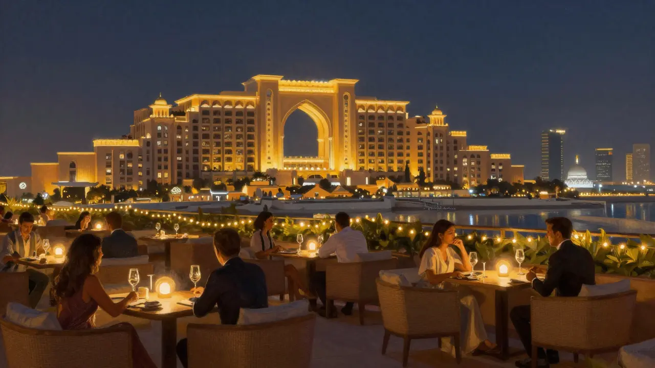 Rooftop lounge with city skyline and mosque in distance, couples enjoying wine at night.