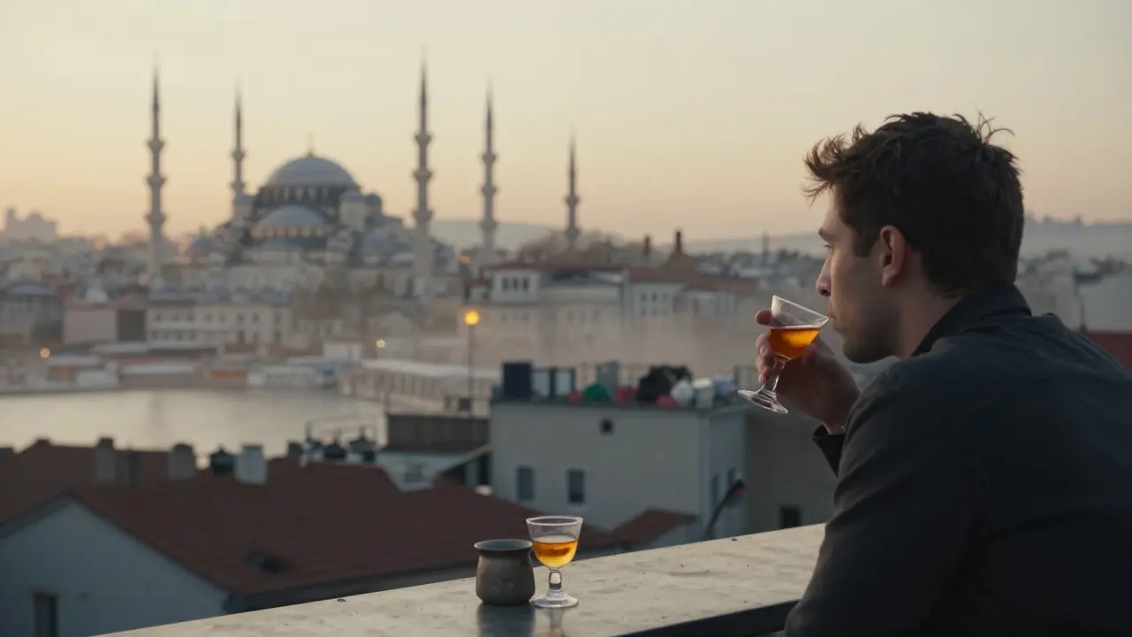 Rooftop terrace at dawn in Taksim with a person sipping raki as historic mosques glow in the morning light.