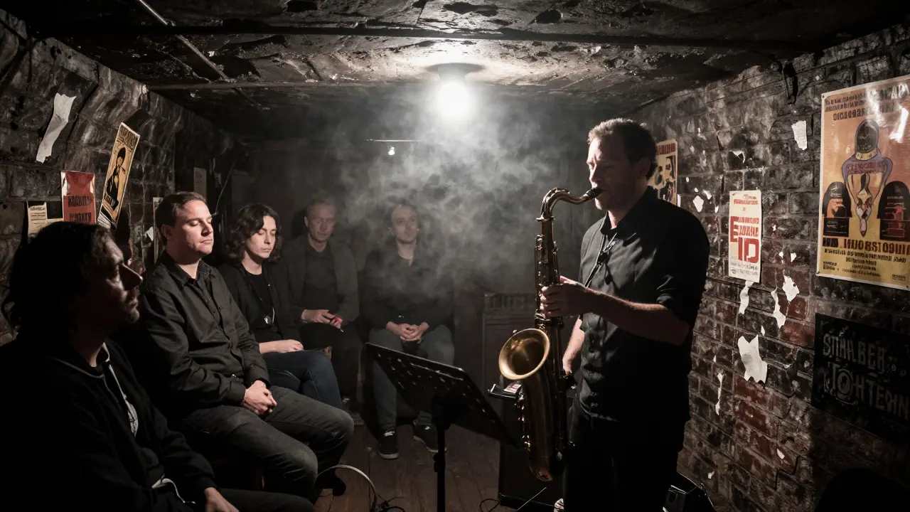 Smoky jazz cellar with saxophonist in spotlight, patrons lost in music, worn brick walls and vintage posters.