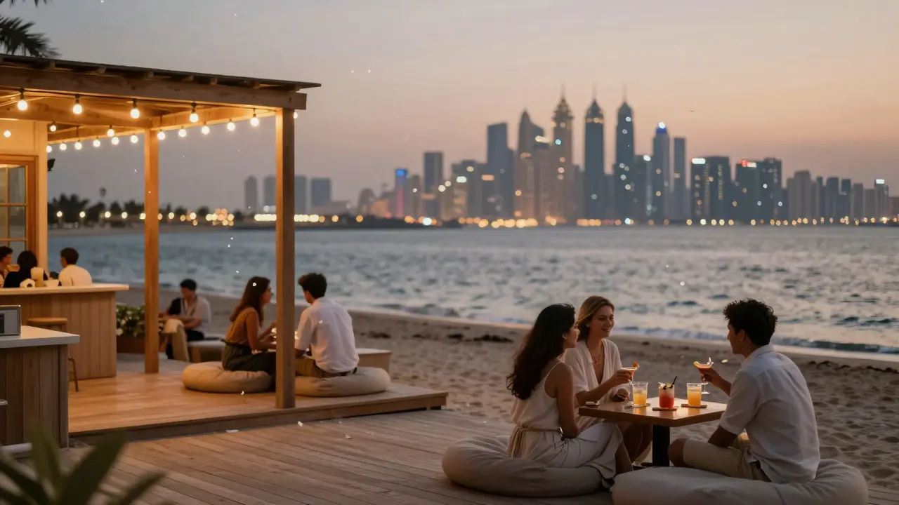 The Beach House at twilight with wooden decks, string lights, and distant Dubai Marina skyline.