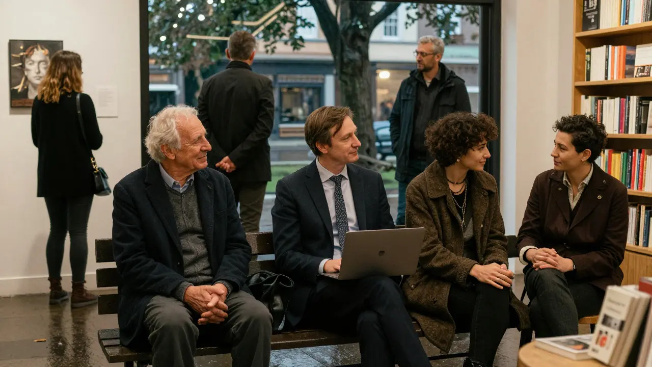 Three different people sharing quiet, meaningful moments with an escort in various London settings, emphasizing emotional presence over physical contact.