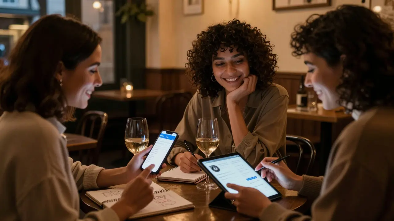 Three independent escorts sharing safety tips and stories in a cozy London café.