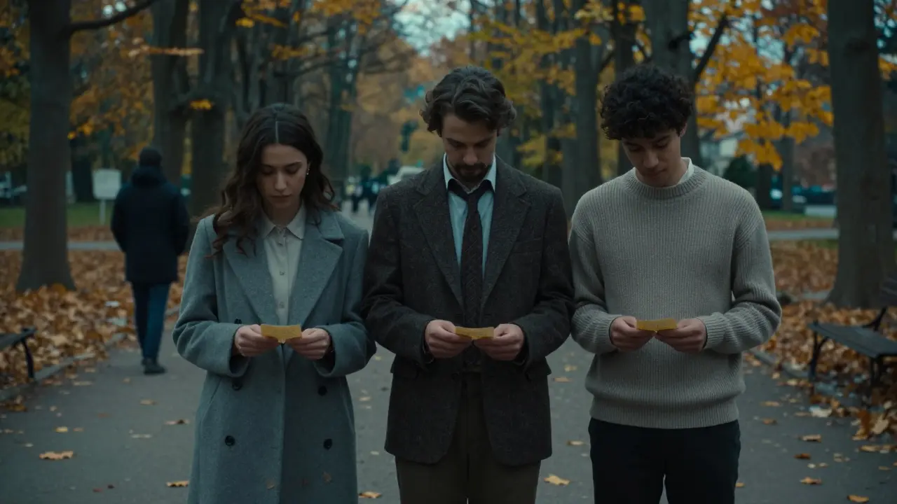 Three people in a Milan park, each holding a note, as a companion walks away into the trees.
