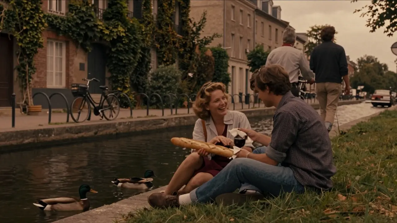 Two people enjoy a picnic by Canal Saint-Martin at dusk, sharing bread and wine as ducks swim nearby.