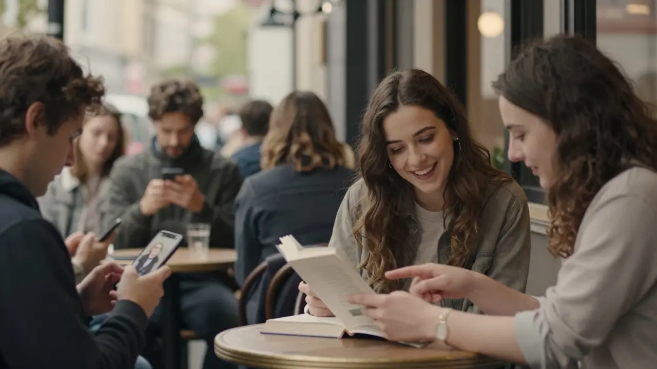 Two people having a calm conversation at a London café, one pointing to a book.