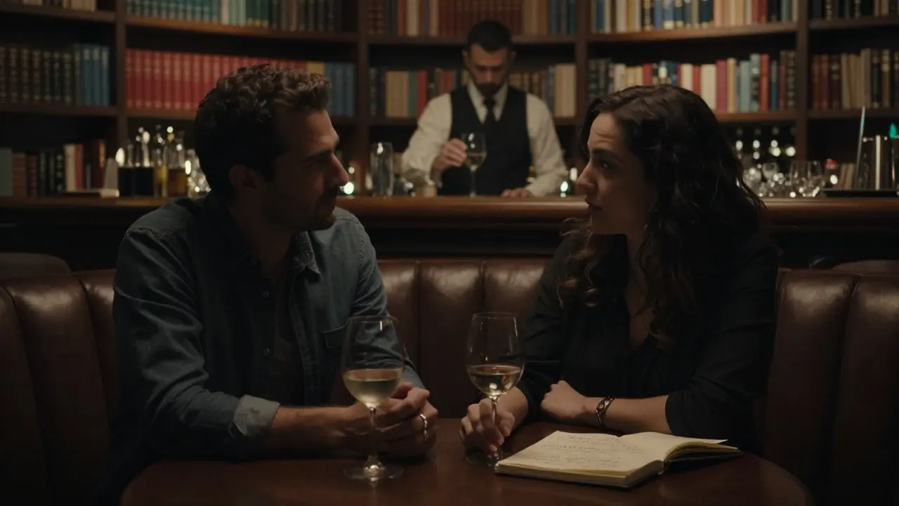 Two people talking calmly in a quiet upscale bar with bookshelves and soft lighting.