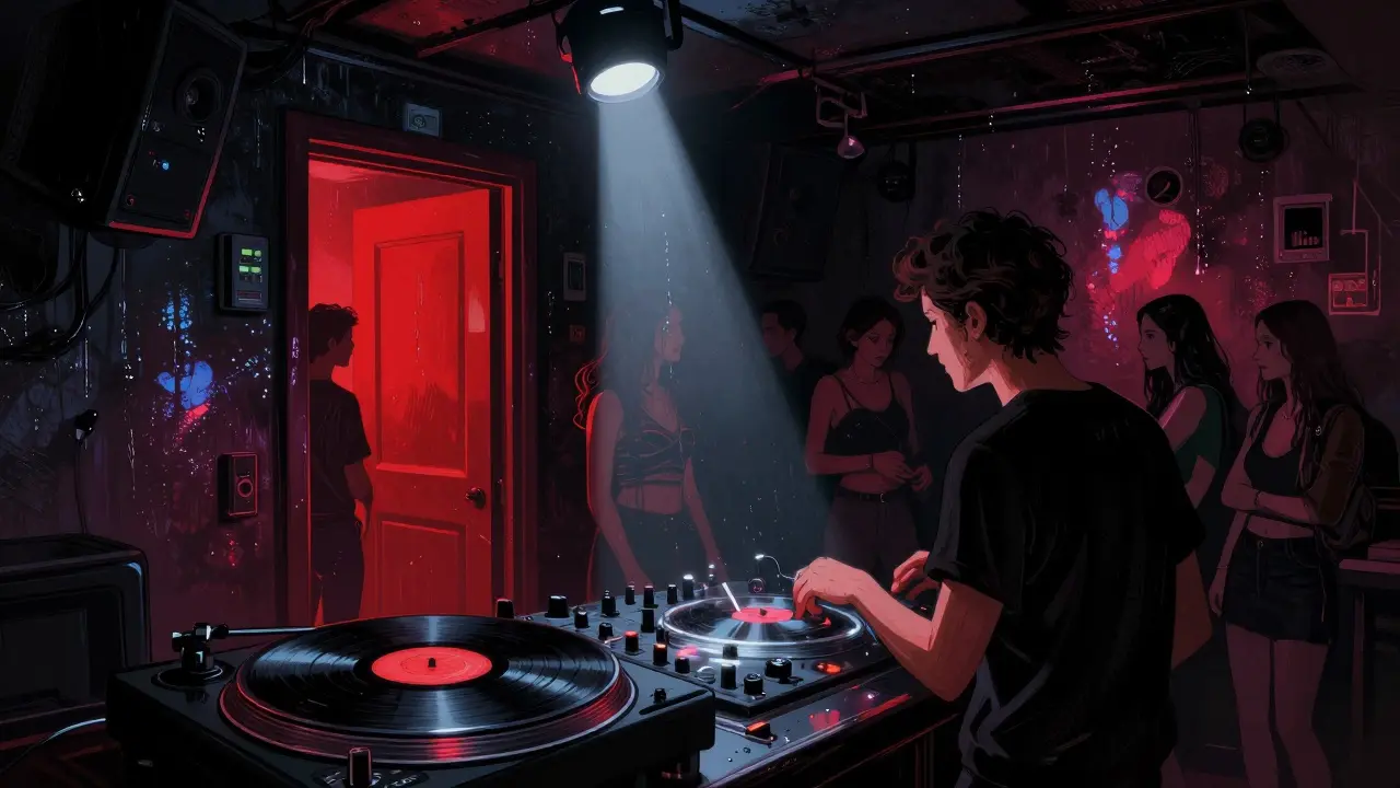 Underground club in Beyoğlu with dancers moving to techno music in a dark, vibrant atmosphere.