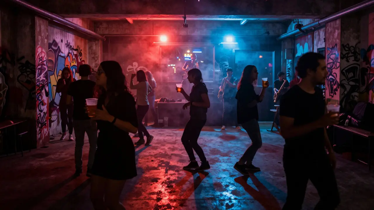 Underground warehouse club in Porta Venezia with dancers under strobe lights and a saxophonist playing near the door.