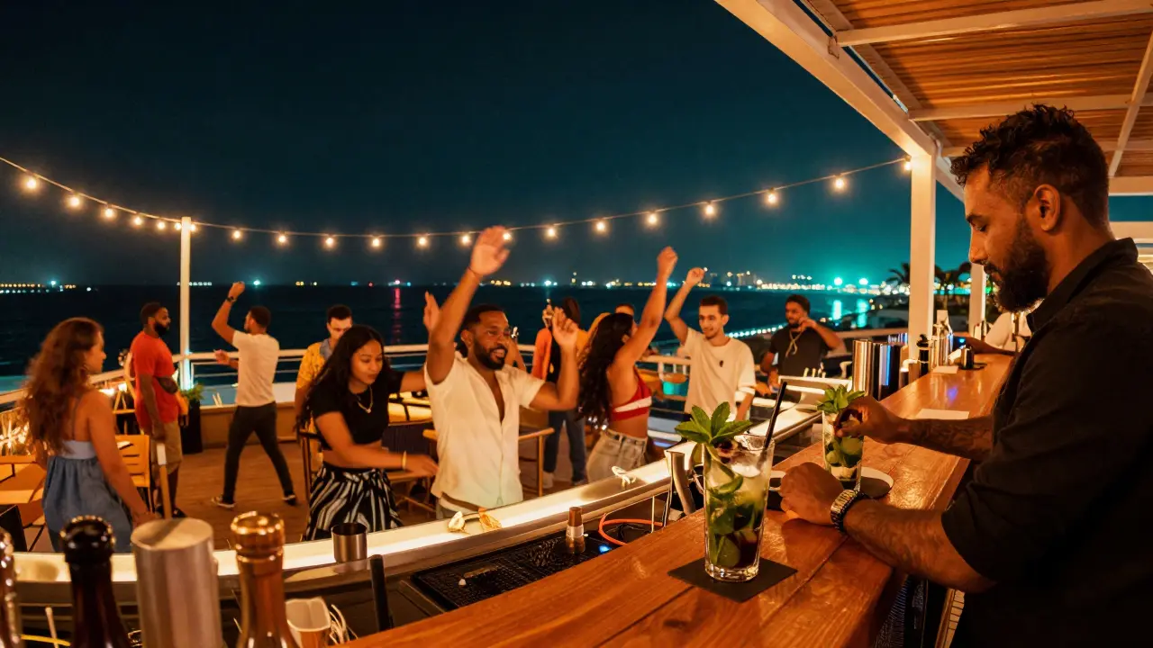 Vibrant rooftop party with ocean view, dancing crowd, and Palm Jumeirah lights glowing under string lights at night.
