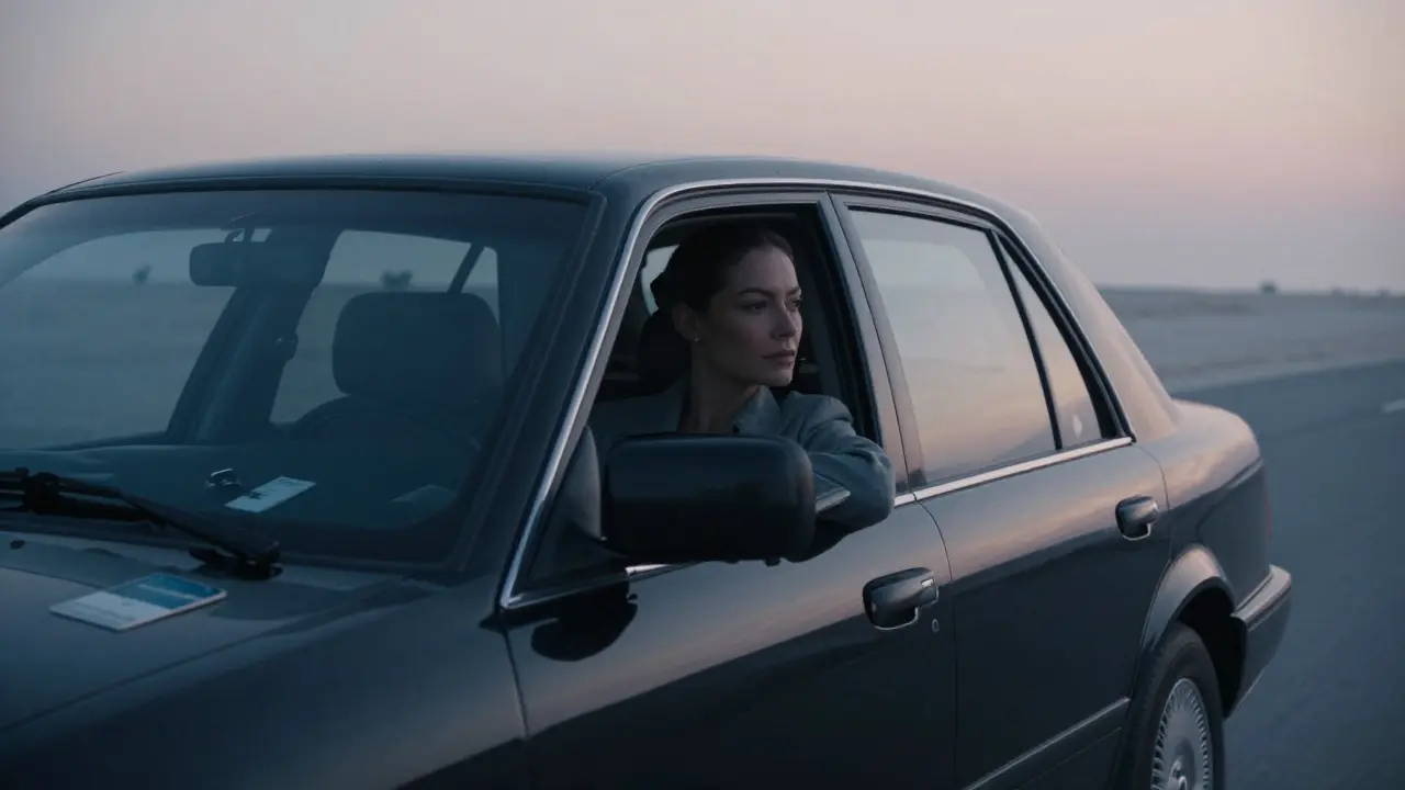 A black car driving along a beach road at dawn, empty interior with a book and keycard on the seat.