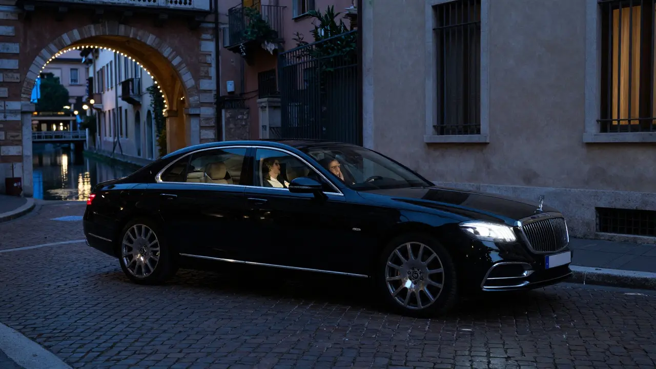 A black luxury car driving silently through Milan’s historic streets at dusk, windows tinted, no visible branding.