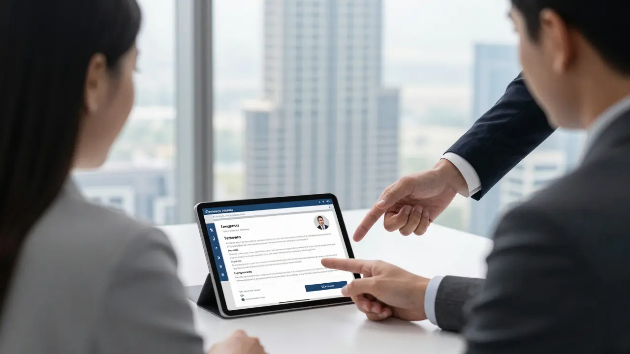 A client reviewing a professional companion's profile on a tablet in a modern Dubai office, with a discreet agency representative.