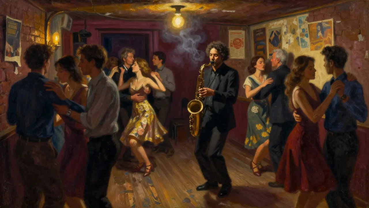 A cozy basement jazz club with dancers swaying under a single bulb in the Latin Quarter.