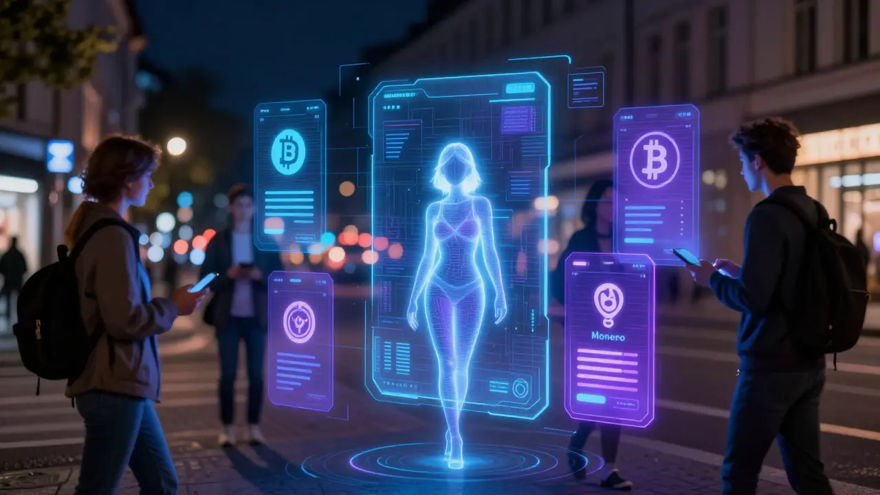 A digital blockchain identity system hovering over a Berlin street with cryptocurrency symbols and holographic figures.
