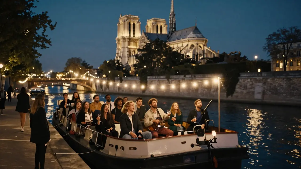 A floating karaoke boat on the Seine at night, lit by string lights with Paris skyline glowing behind joyful singers.