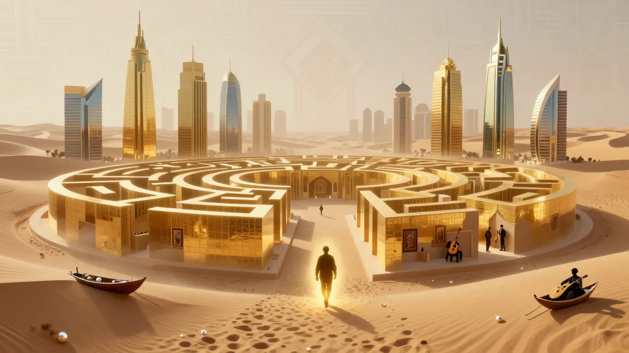 A golden path winds through Dubai’s skyline and desert, with a glowing companion guiding a traveler through hidden cultural treasures.