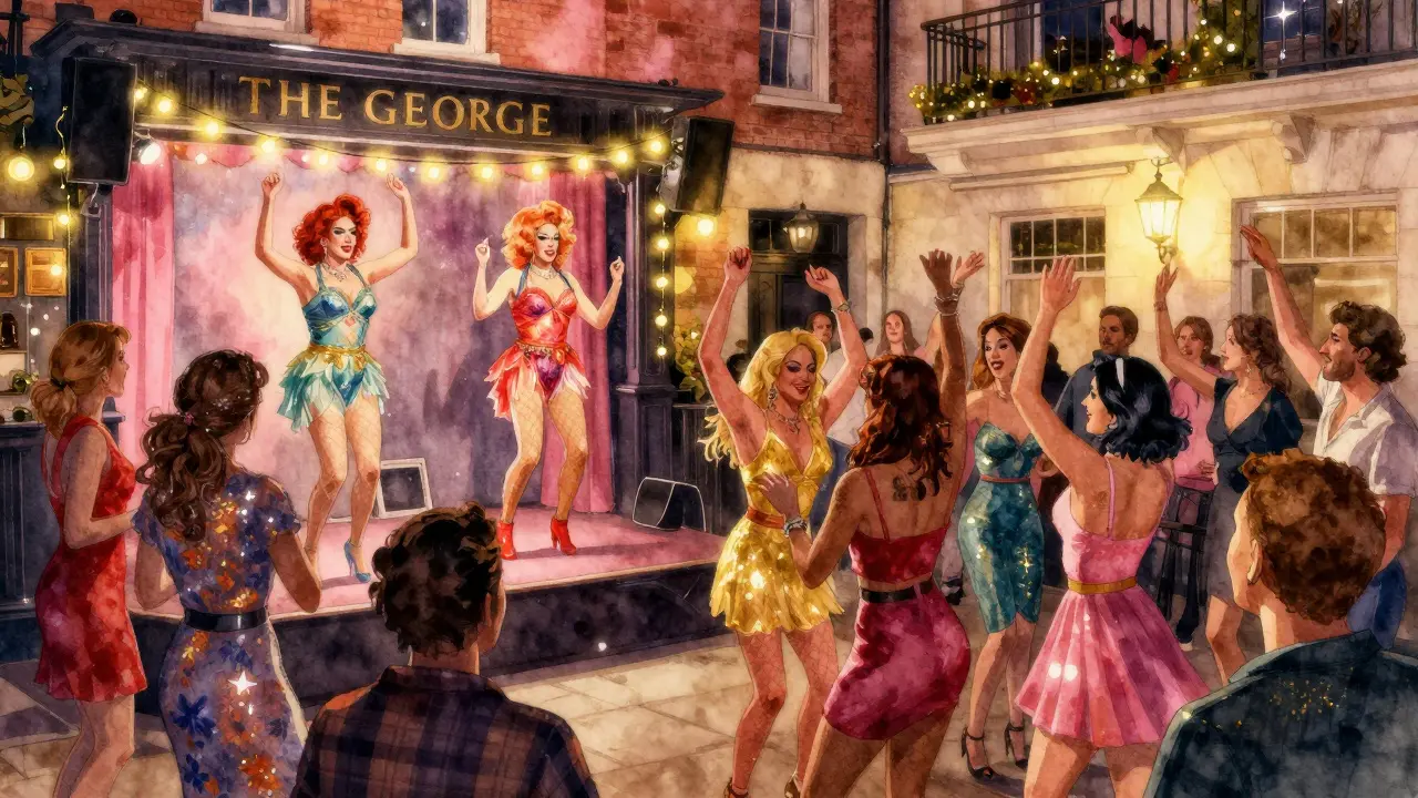 A lively LGBTQ+ pub at night filled with people dancing under glitter and string lights.