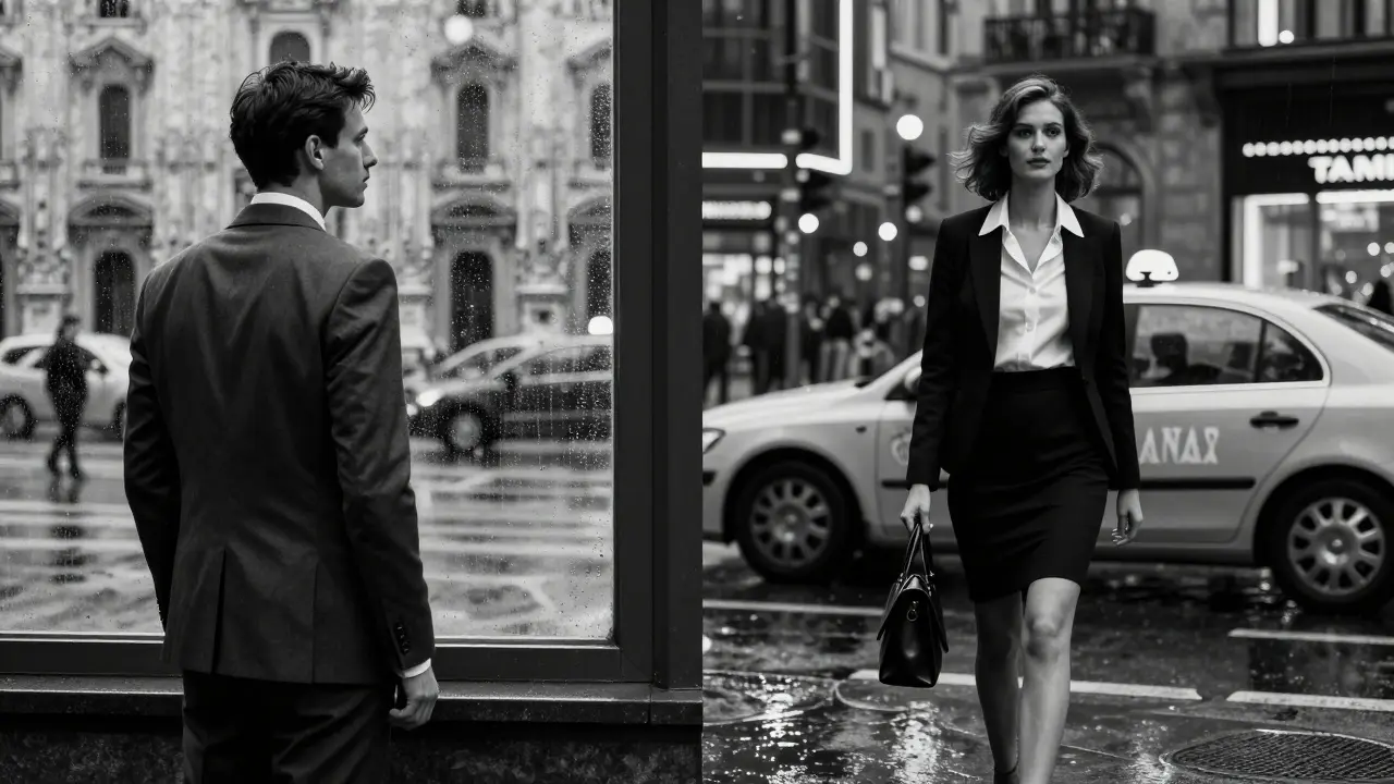 A lone traveler and an independent companion are framed against Milan's neon-lit skyline, representing connection in isolation.