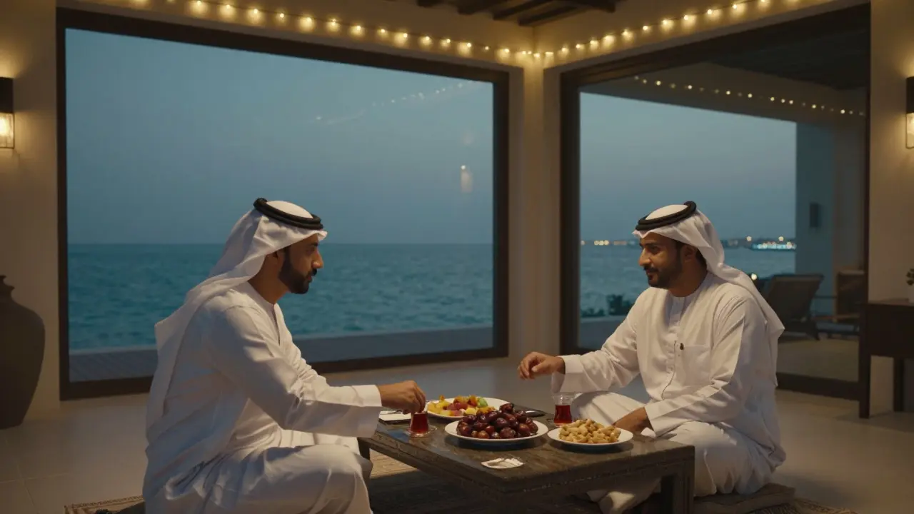 A private dinner at dusk in a luxurious villa, two figures sharing tea with the sea visible through large windows.