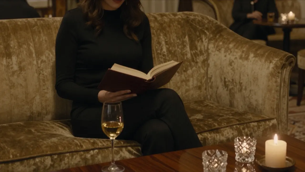 A refined companion sits alone in a luxurious lounge, reading by candlelight with a glass of champagne nearby.