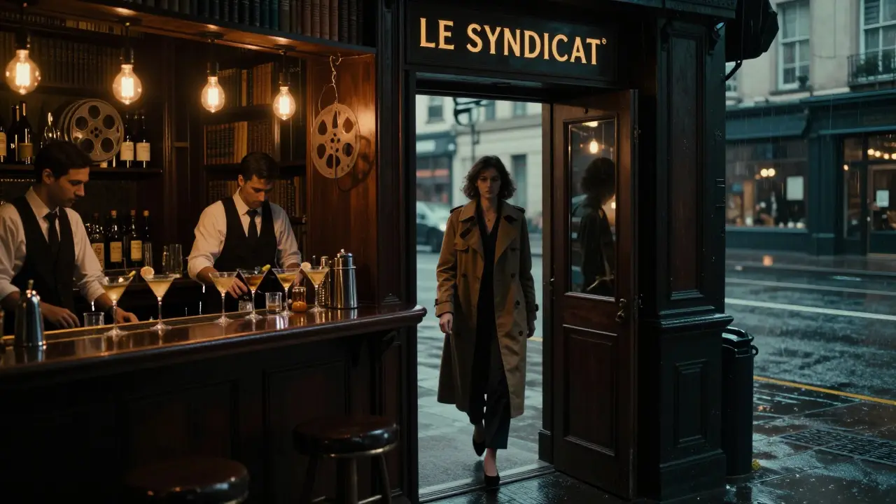 A secret bar entrance revealed through a sliding bookshelf, lit by warm bulbs in noir style.