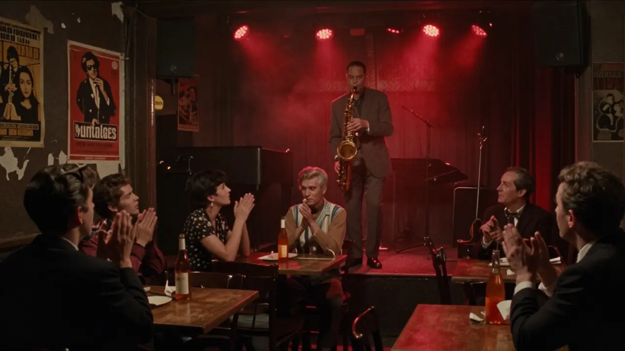 A smoky jazz club in Le Marais with a saxophonist playing and patrons nodding quietly in dim red light.