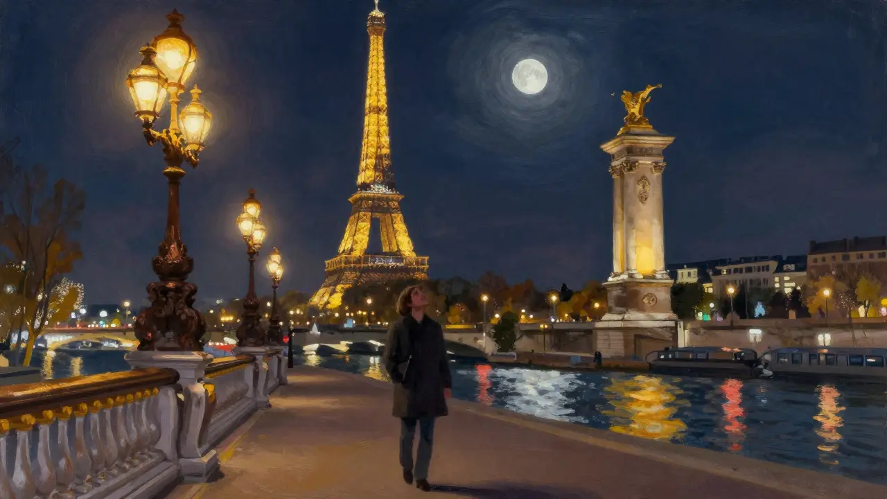 A solitary figure standing beneath the sparkling Eiffel Tower, golden light reflecting on the Seine.