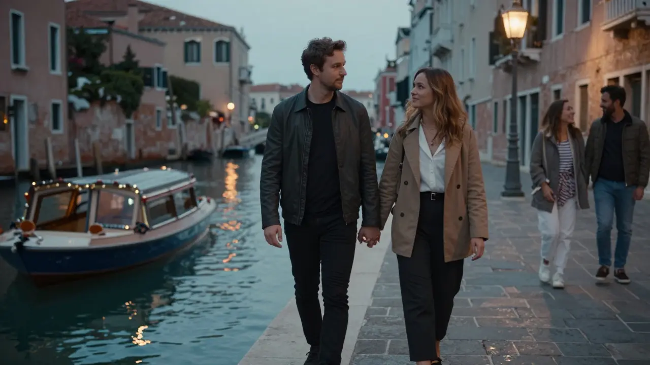 A solo traveler walks calmly beside a companion along Milan's Navigli canal at dusk.