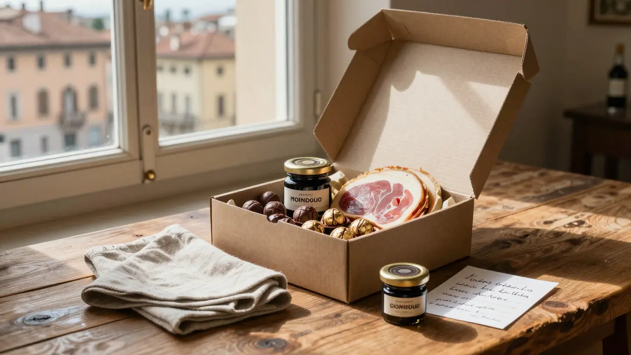 A thoughtfully arranged food box with Italian delicacies and a handwritten note on a wooden table.