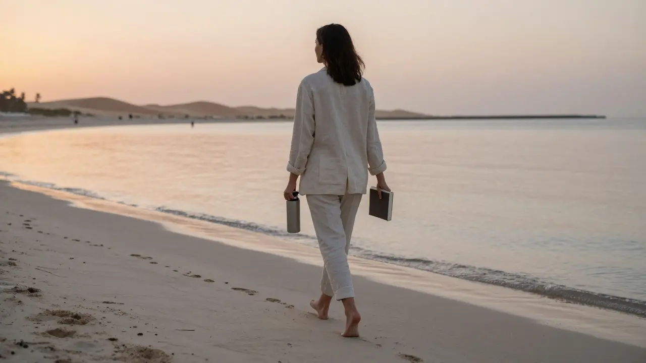 A woman walks barefoot on a private beach at sunrise, carrying a book and thermos, her silhouette fading into the dawn.