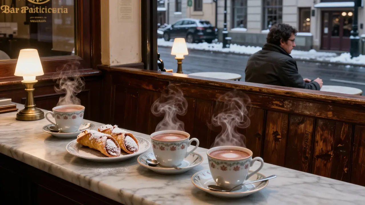 Bar Cucchi at dawn serving hot chocolate and cannoli under warm vintage lamps.