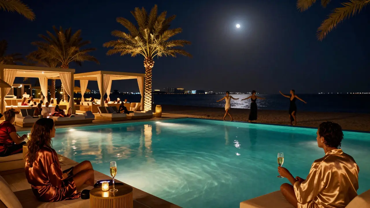 Beach club pool lit by underwater lights, guests in silk robes dancing under moonlight.