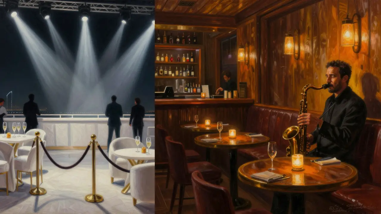 Contrasting scenes: vibrant VIP club on one side, quiet jazz bar with candles on the other, symbolizing Dubai's nightlife duality.